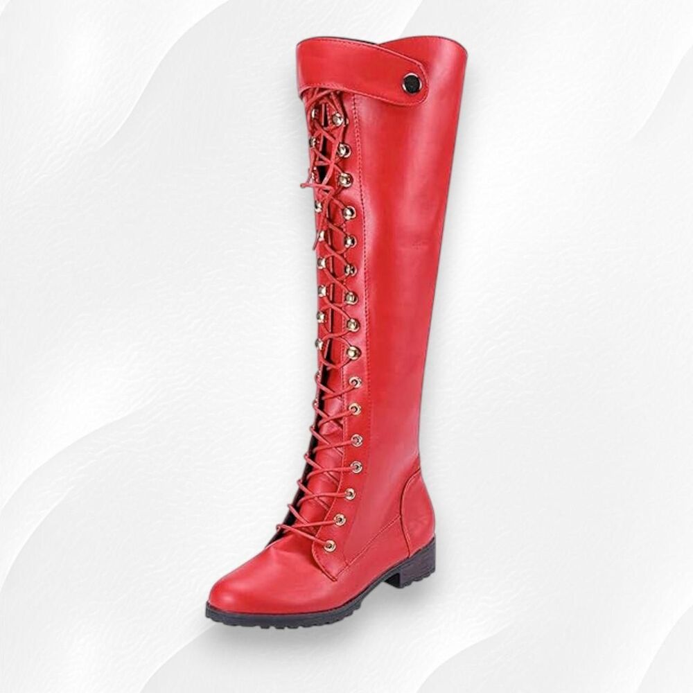 NEW Chunky Y2K Red Faux Leather Knee High Lace Up Combat Boots US 8.5